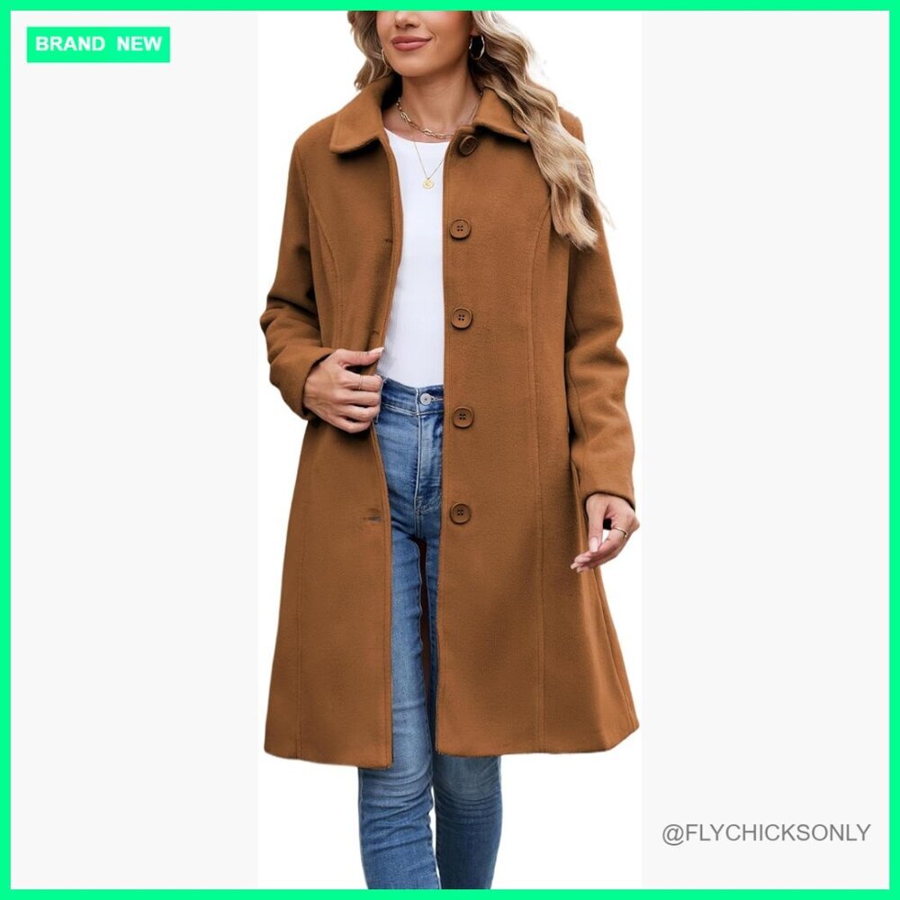 Faux Wool Blend Pea Coat Long Trench Coat with Pockets